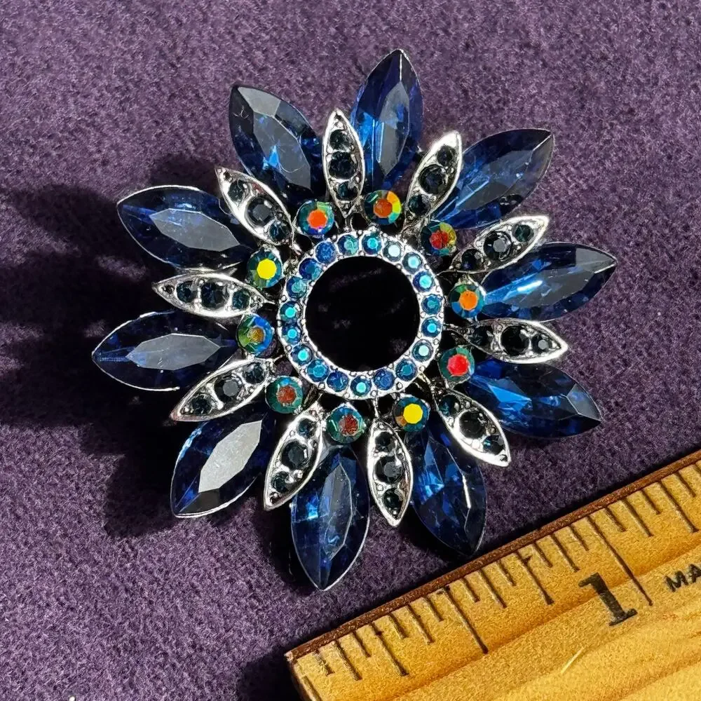Blue Navette Rhinestone Starburst Brooch Pin Sapphire AB Crystal Silver Tone